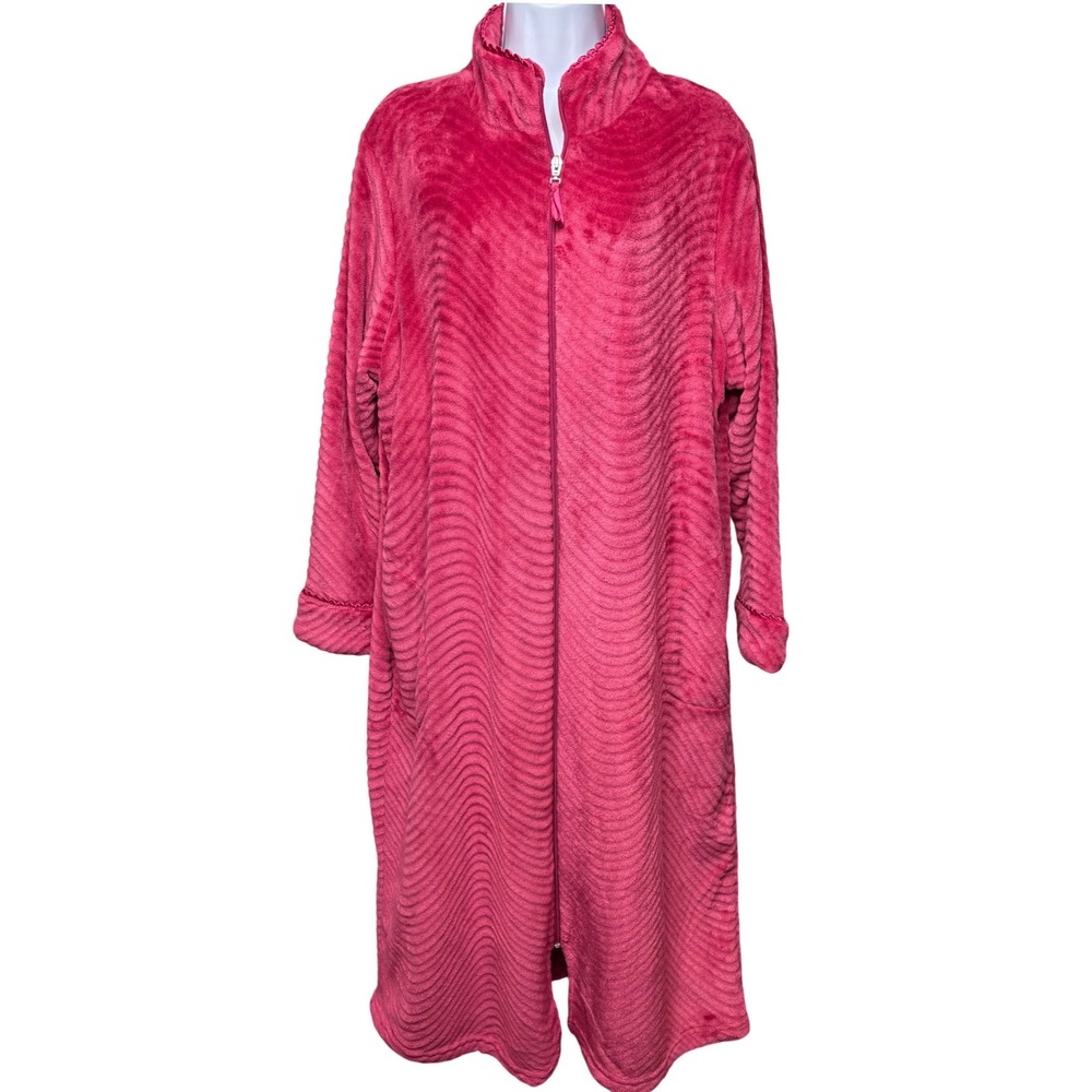 STAN HERMAN Womens Pink Plush Fleece Zip Front Long Robe L Sleepwear Cozycore